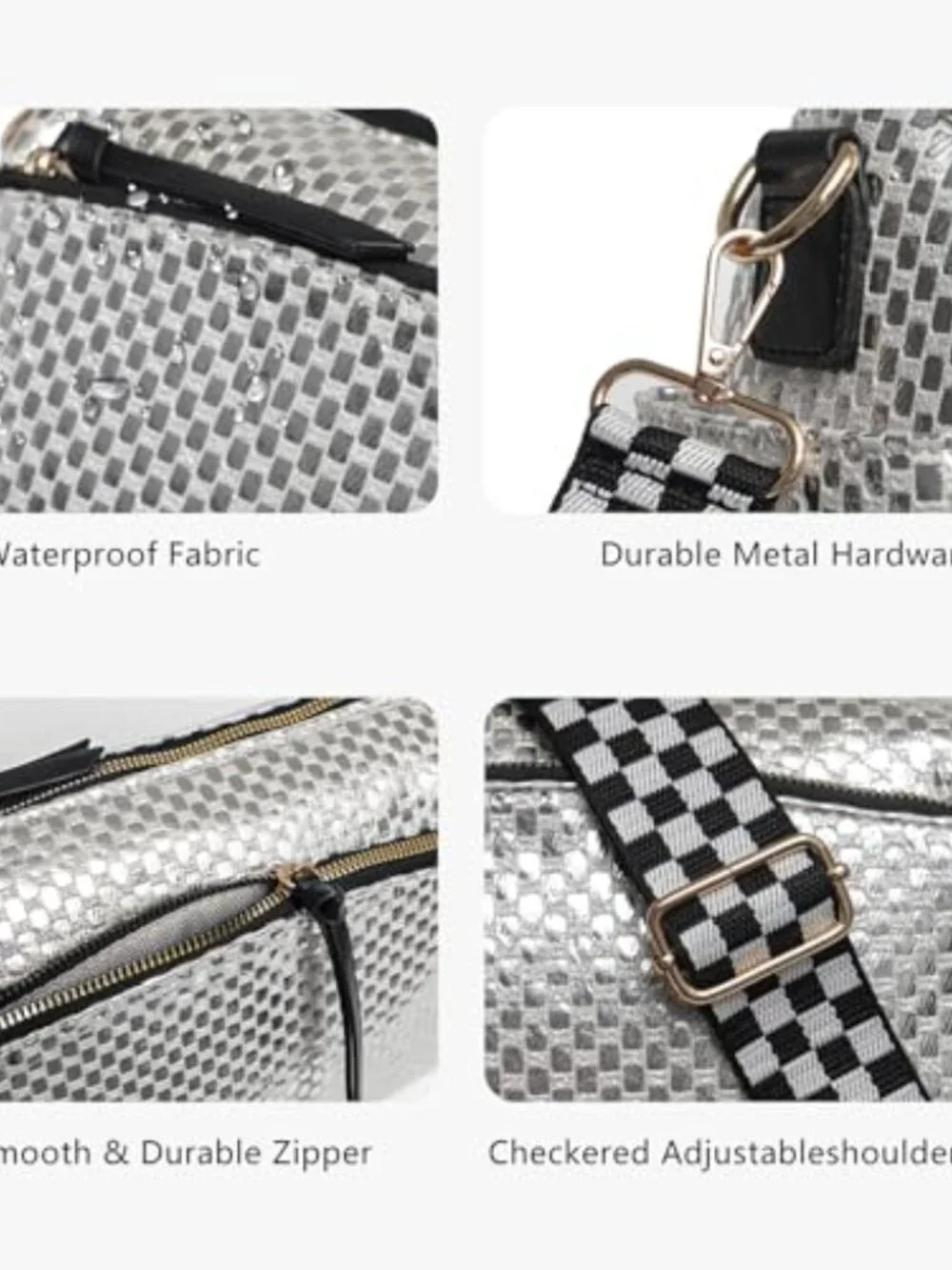 Checkered Crossbody Bag with Adjustable Strap | Nylon Quilted Purse 3 Zips for